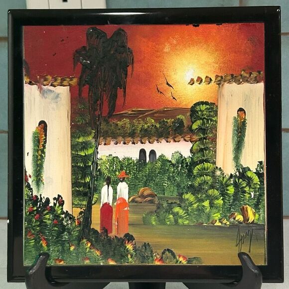 Interceramic Hand Painted Tile 8"x 8" Mexico Oil Painting Tropical Sunset Signed - Picture 3 of 6